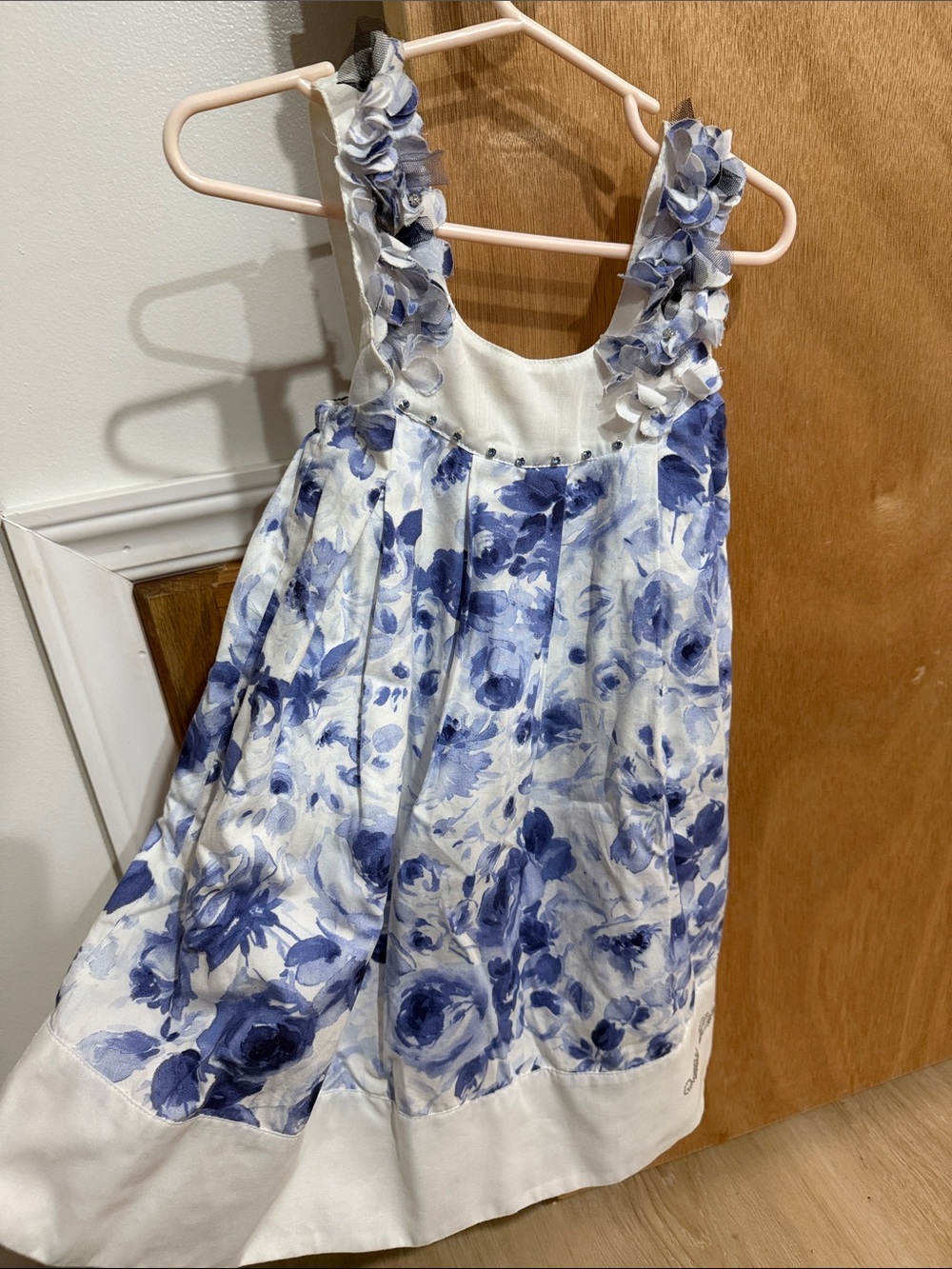 Girls White & Blue Floral Ruffle Strap Party Dress